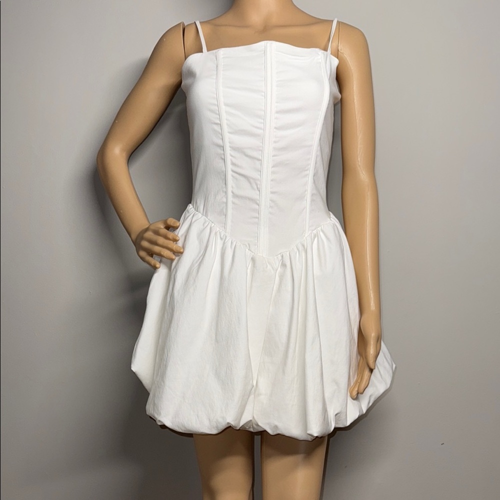 White Ruched Bubble Mini Dress Spaghetti Straps